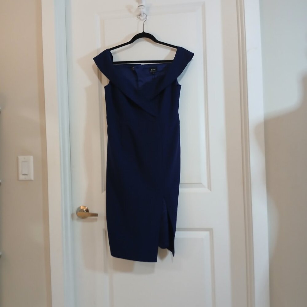 NWT Bardot Off Shoulder Bodycon Midi Dress Women’s Size 12 M Blue Cocktail
